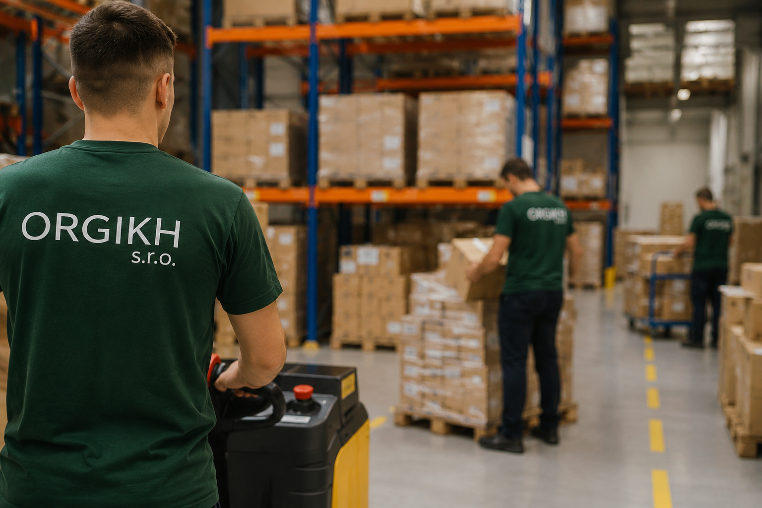Pracovníci Orgikh s.r.o. při manipulaci se zbožím ve skladu